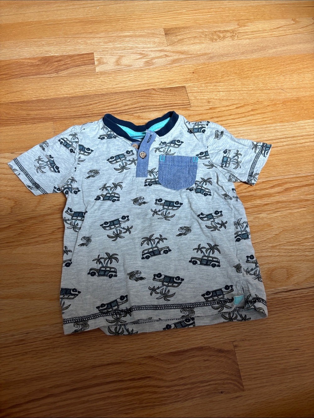 Boys Grey Short Sleeve Henley Tee with Navy Palm & Van Print
